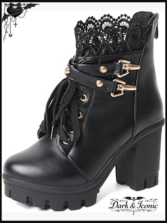 Shoes - Platform Combat Boots with Chunky Heel, Zipper Closure, Gothic Style
